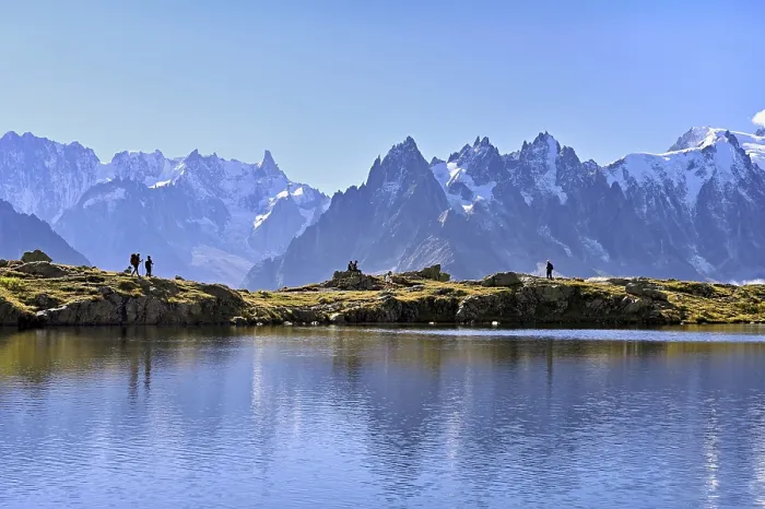 Framed Print : A group of hikers at Lac de Chesserys