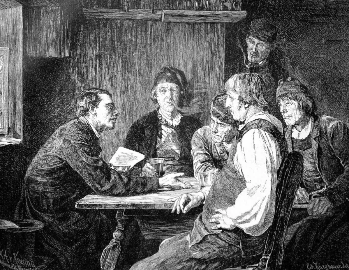 Framed Print : Group of six men discussing a letter from the king in a village pub