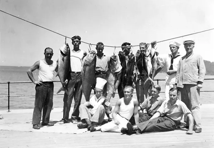 Framed Print : Group of men posing with various captured groupers and mackerel