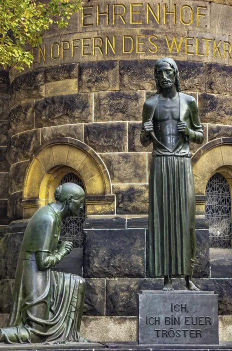 Framed Print : Group sculpture of the consoling Christ by Selmar Werner at the fountain in the courtyard of the Church of Framed Print : Group sculpture of the consoling Christ by Selmar Werner at the fountain in the courtyard of the Church of