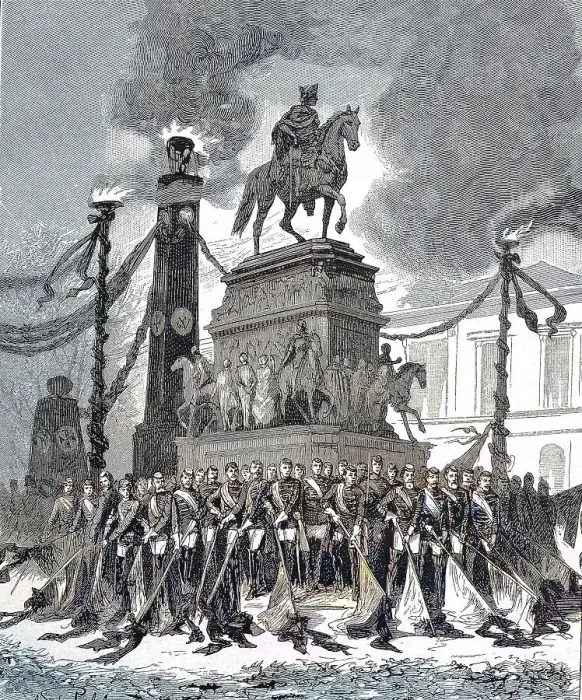 Framed Print : Group of the student deputation at the monument to Frederick the Great in Berlin