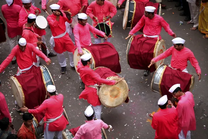 Framed Print : Group of traditional band playing-music on streets during immersion celebration of Lord Ganesh
