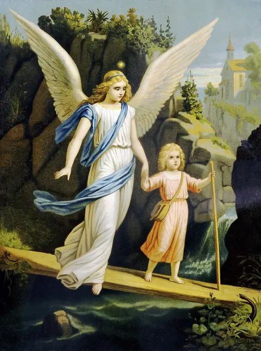 Framed Print : Guardian angel leading a child across a bridge Framed Print : Guardian angel leading a child across a bridge