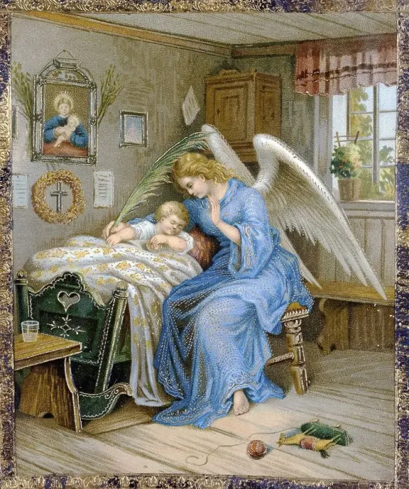 Framed Print : Guardian angel with a sleeping child