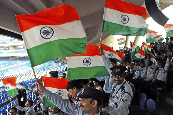 Framed Print : Guards waving Indian flag at D Y Patil cricket stadium