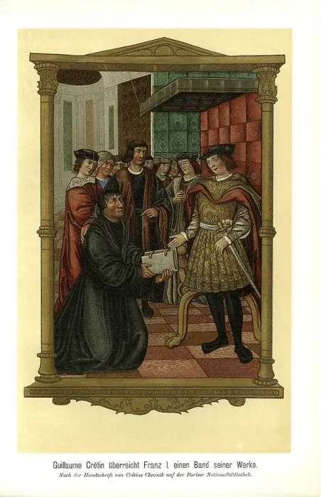 Framed Print : Guillaume Cretin presents Francis I with a volume of his works
