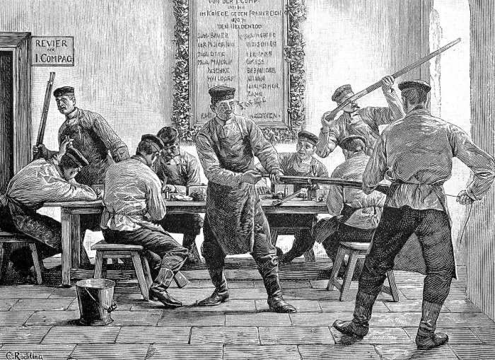 Framed Print : Gun cleaning in the barracks, soldiers Framed Print : Gun cleaning in the barracks, soldiers