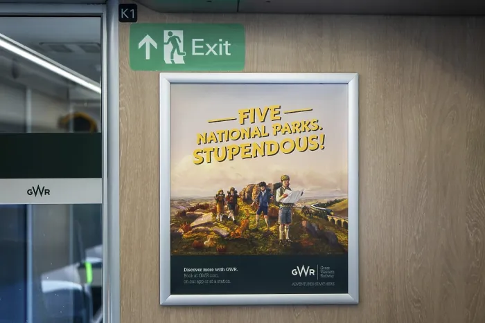 Framed Print : GWR advertising poster on train for Famous Five adventure in national parks