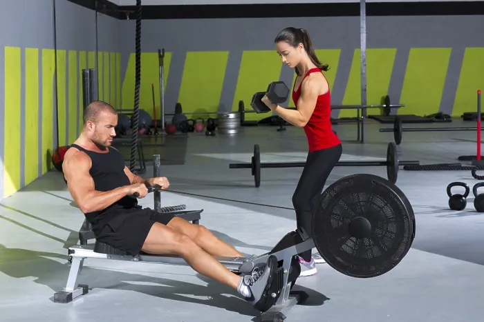 Framed Print : Gym couple with dumbbell weights and fitness power workout Framed Print : Gym couple with dumbbell weights and fitness power workout