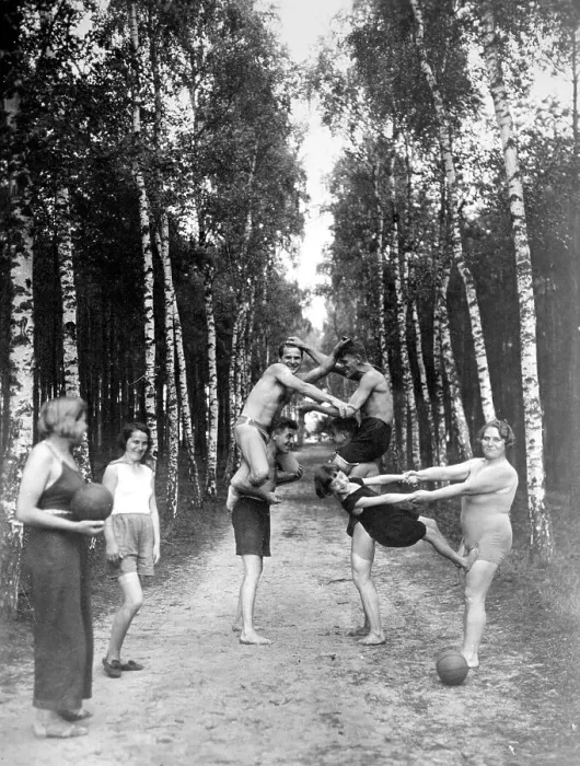 Framed Print : Gymnastics in the forest, ca. 1920