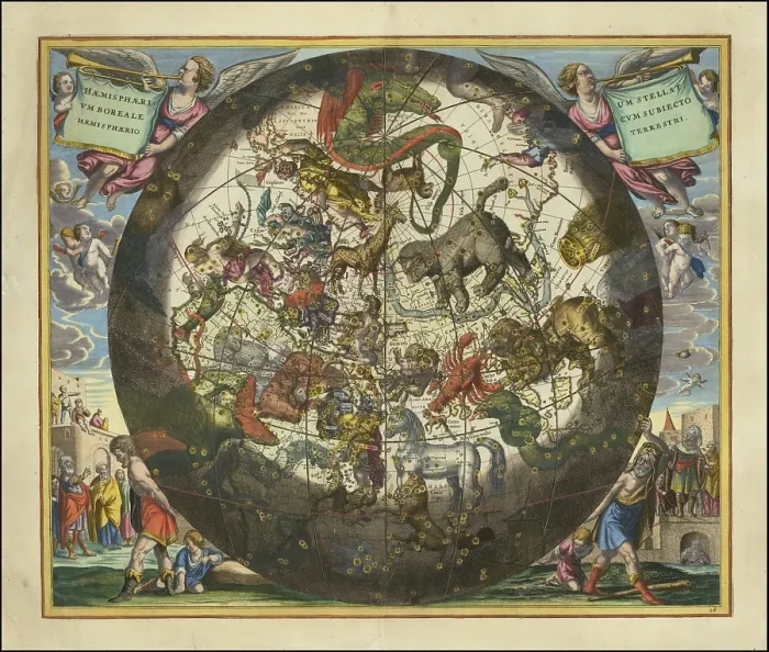 Framed Print : Haemisphaerium Stellatum Boreale Cum Subiecto Hemisphaerio Terrestri, 1660, digital improved reproduction of a work of Andreas Cellarius (1596-1665), a Dutch-German cartographer and cosmographer, who is best known for his 1660 Harmonia Macrocosmica