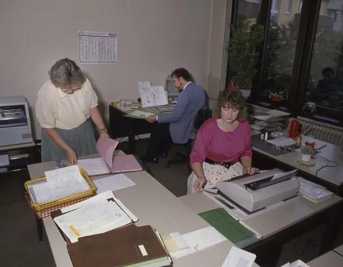 Framed Print : Hagen. Workplaces of employees in an insurance company
