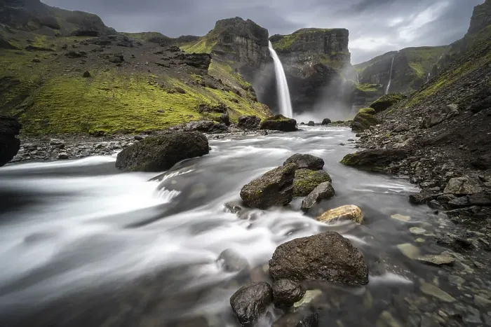 Framed Print : Haifoss and Granni waterfall at a canyon
