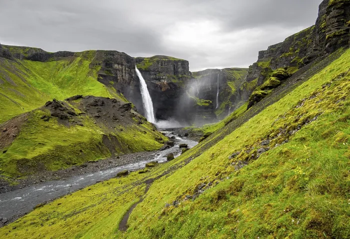 Framed Print : Haifoss and Granni waterfall at a canyon