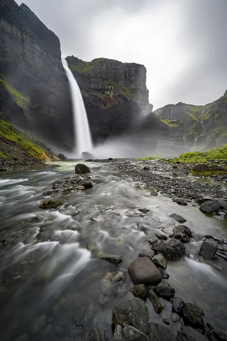 Framed Print : Haifoss and Granni waterfall at a canyon