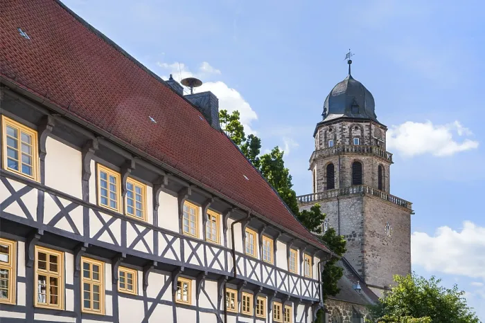 Framed Print : Half-timbered house facade, Protestant Church