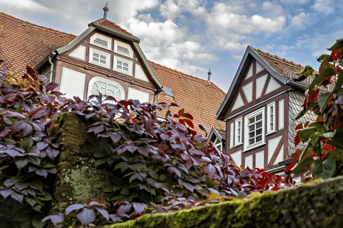 Framed Print : Half-timbered house with ivy and climbing plants against a cloudy sky
