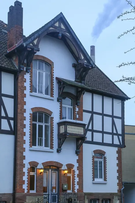 Framed Print : Half-timbered house, rear chimney of the paper mill of Sappi Alfeld GmbH
