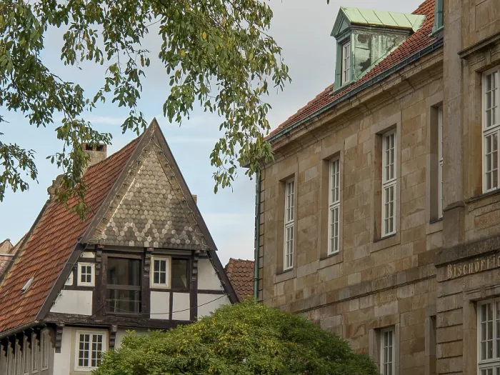 Framed Print : Half-timbered house with traditional tiled roof next to a stone town house and trees