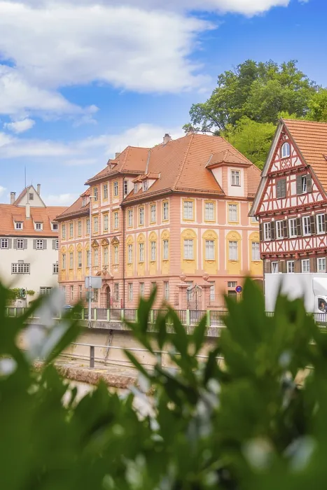 Framed Print : Half-timbered houses with gables under a blue sky