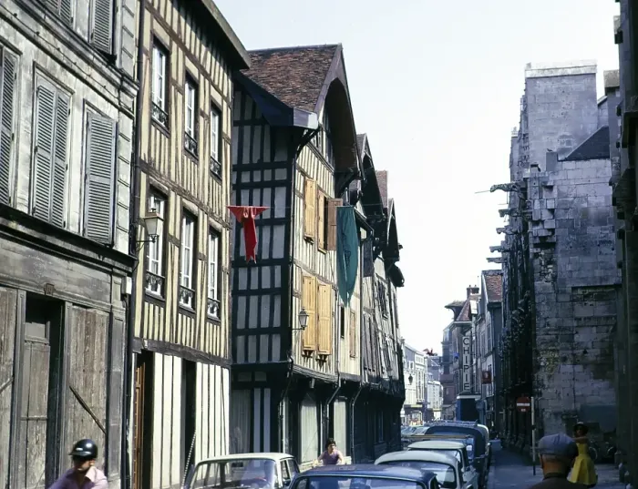 Framed Print : Half-timbered houses in the historic city centre, Troyes, France 1976