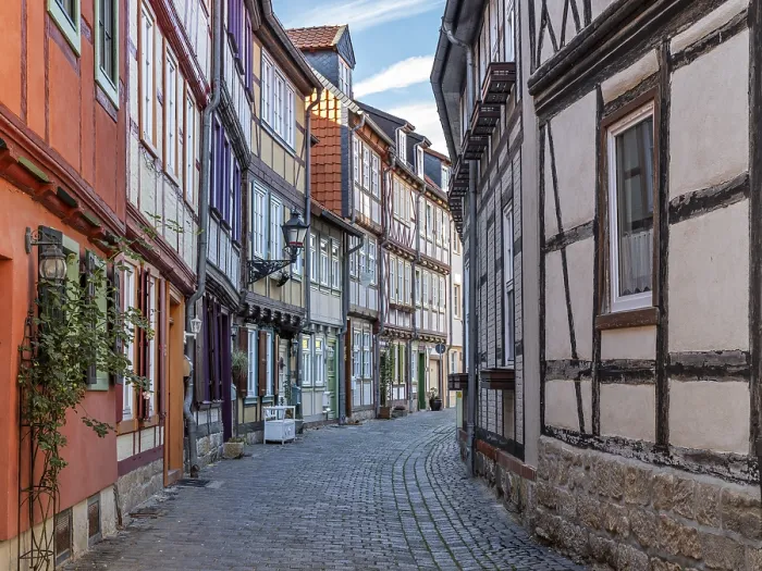 Framed Print : Half-timbered houses in the historic old town