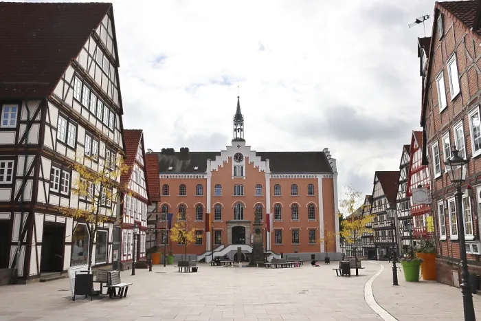 Framed Print : Half-timbered houses in the historic old town
