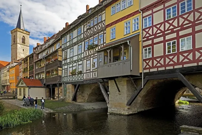 Framed Print : Half-timbered houses of the Kraemerbruecke with the river Gera and the Aegidienkirche