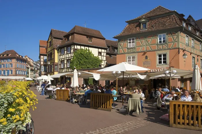 Framed Print : Half-timbered houses and restaurants