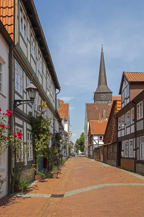 Framed Print : Half-timbered houses, St. Lamberti Church Framed Print : Half-timbered houses, St. Lamberti Church