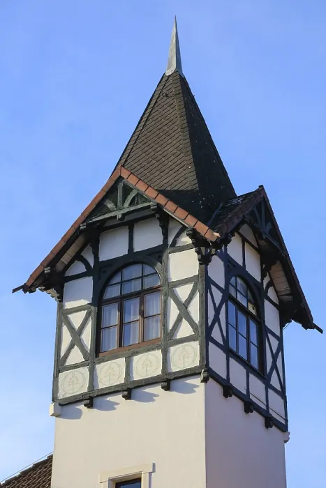Framed Print : Half-timbered tower, historic villa from around 1900 on GuntherstraBe in Waldhausen