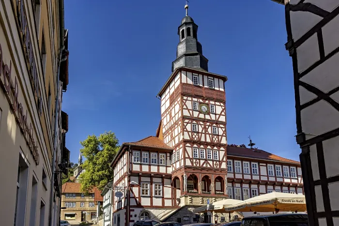 Framed Print : Half-timbered tower and surrounding buildings