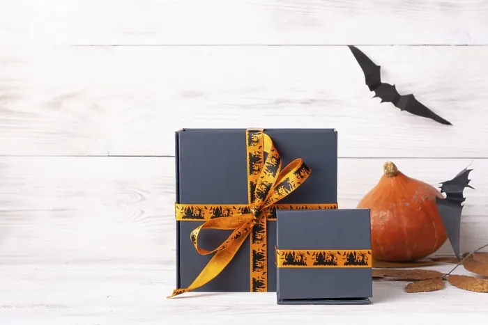 Framed Print : Halloween gifts pumpkin black paper bats copy space