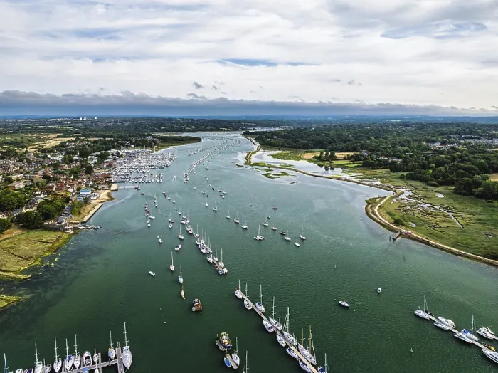 Framed Print : Hamble Point Marina over River Hamble from drone
