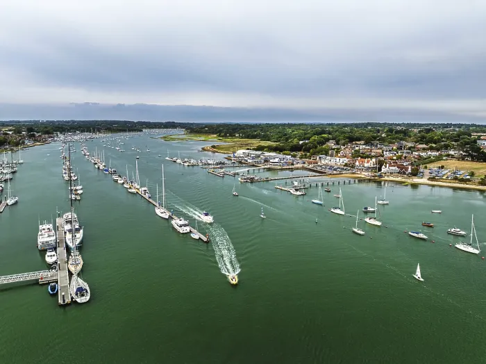 Framed Print : Hamble Point Marina over River Hamble from drone
