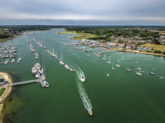 Framed Print : Hamble Point Marina over River Hamble from drone