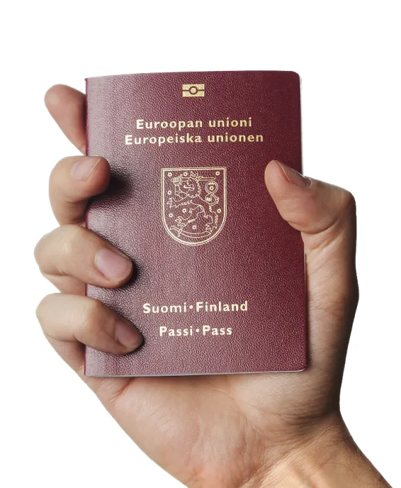 Framed Print : Hand holding a new biometric Finnish passport