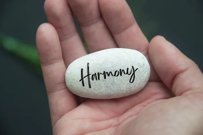 Framed Print : Hand holding Zen stone with Harmony text engraved on the stone