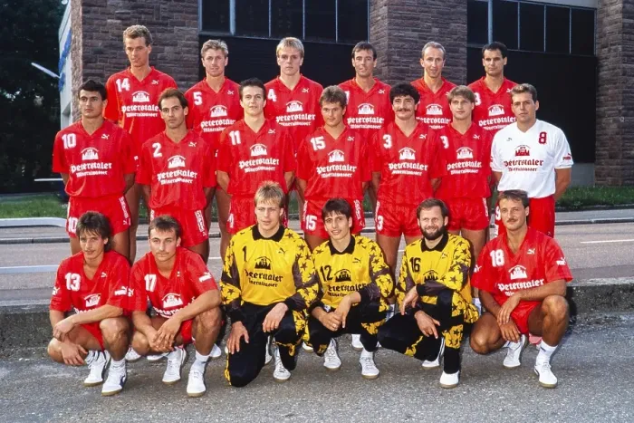 Framed Print : Handball Bundesliga, TuS Schuttwerwald team on 23 August 1989, Germany top row from left: Manfred Derr, Roger Kjendalen, 4, RuedigerRueber, ?, Rudi Fritsch