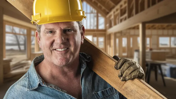 Framed Print : Handsome friendly male contractor at a construction site wearing a hard hat and work gloves Framed Print : Handsome friendly male contractor at a construction site wearing a hard hat and work gloves