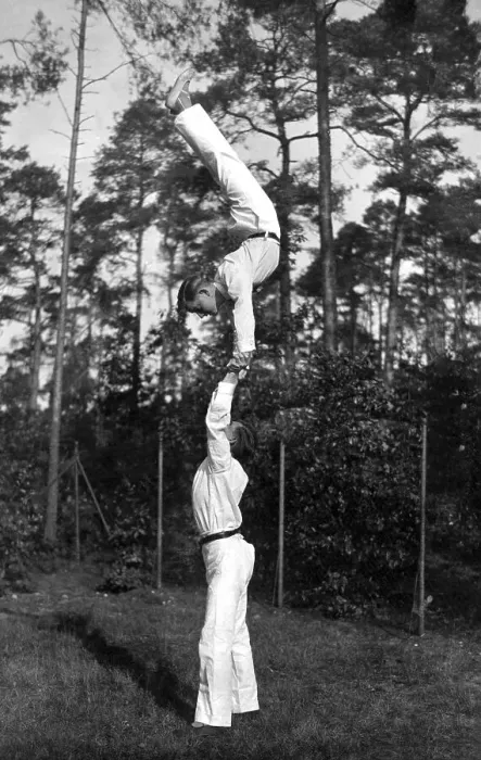 Framed Print : Handstand on the hands of another, ca