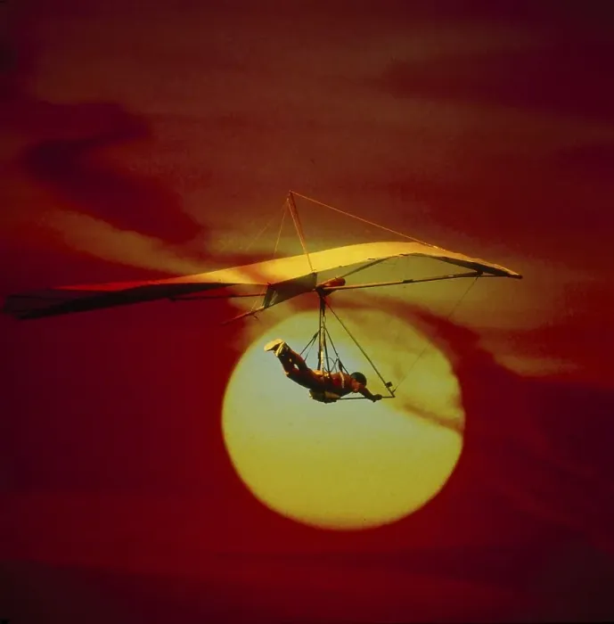 Framed Print : Hang glider with sunset