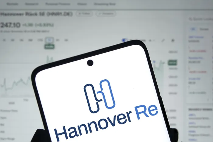 Framed Print : Hannover re logo is displayed on smartphone Framed Print : Hannover re logo is displayed on smartphone