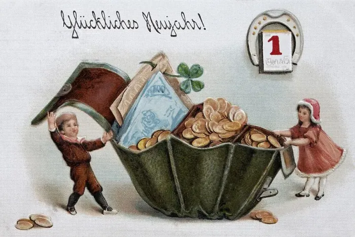 Framed Print : Happy New Year, children opening a purse filled with money