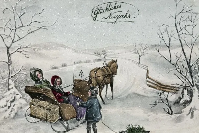 Framed Print : Happy New Year, children taking a sleigh ride in the snow Framed Print : Happy New Year, children taking a sleigh ride in the snow