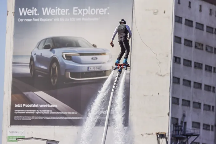 Framed Print : Harbour festival in Stuttgart. Spectacular flyboard show on the Neckar Framed Print : Harbour festival in Stuttgart. Spectacular flyboard show on the Neckar