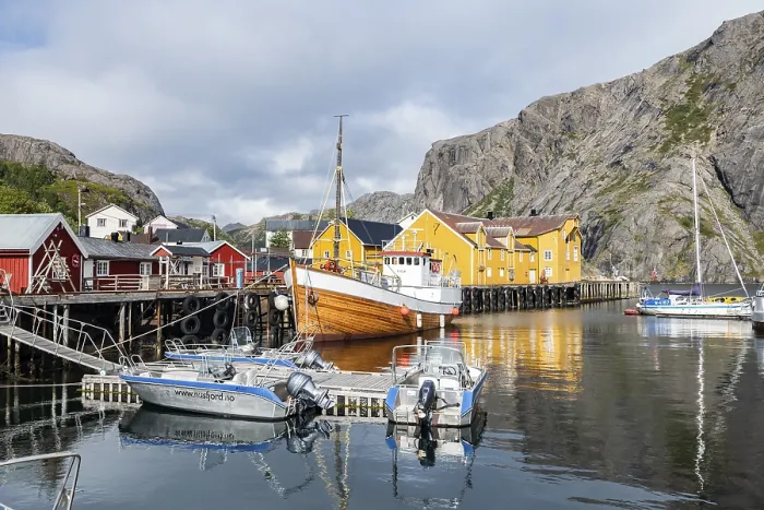 Framed Print : Harbour with fishing boats, Rorbu cabins
