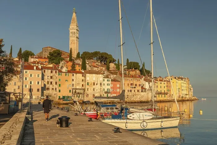 Framed Print : Harbour in the old town with Sveta Eufejima church Framed Print : Harbour in the old town with Sveta Eufejima church