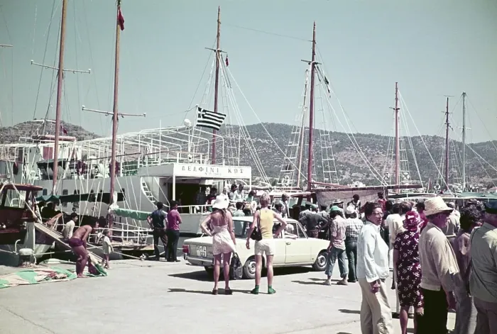 Framed Print : Harbour with people and boats, ferry on board, Kos, Greece 1970s Framed Print : Harbour with people and boats, ferry on board, Kos, Greece 1970s