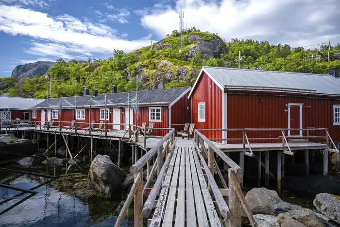 Framed Print : Harbour, Rorbuer cabins, historic fishing village Nusfjord Framed Print : Harbour, Rorbuer cabins, historic fishing village Nusfjord